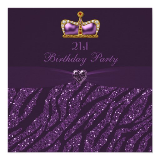 Princess Crown Heart & Zebra Glitter 21st Birthday Personalized Invitation (front side)