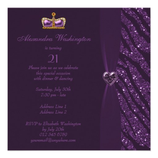 Princess Crown Heart & Zebra Glitter 21st Birthday Personalized Invitation