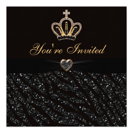 Princess Crown, Heart & Zebra Glitter Birthday Custom Invites