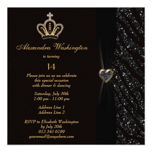Princess Crown, Heart & Zebra Glitter Birthday Custom Invites