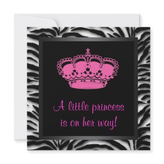 Princess Crown Hot Pink Zebra Baby Girl Shower Personalized Announcements