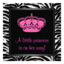 Princess Crown Hot Pink Zebra Baby Girl Shower Personalized Announcements