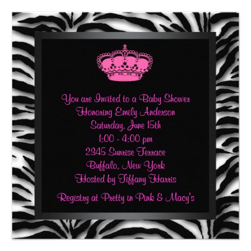 Princess Crown Hot Pink Zebra Baby Girl Shower Personalized Announcements