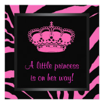 Princess Crown Hot Pink Zebra Baby Girl Shower Personalized Announcements