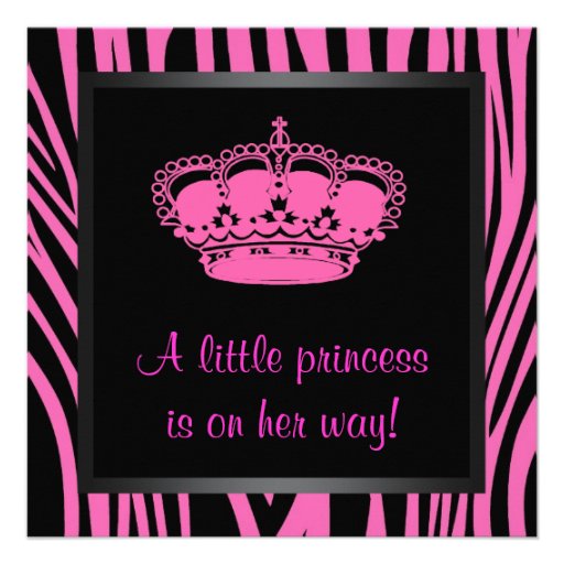 Princess Crown Hot Pink Zebra Baby Girl Shower Custom Announcement