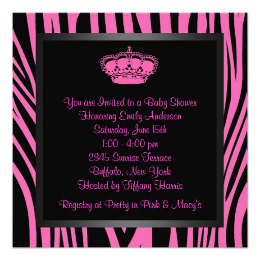 Princess Crown Hot Pink Zebra Baby Girl Shower Custom Announcement