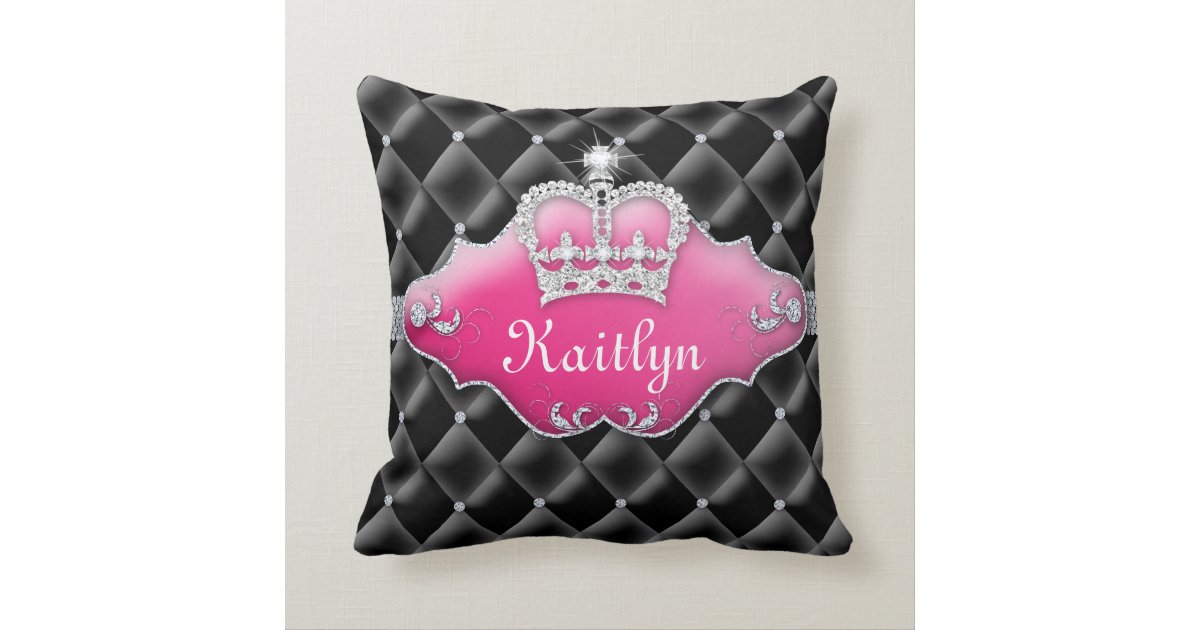 Princess Crown Pillow Tufted Satin Diamonds Black Zazzle