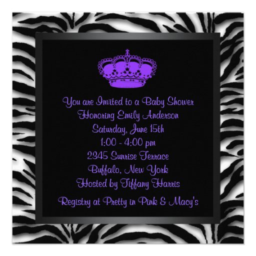 Princess Crown Purple Zebra Baby Girl Shower Invite