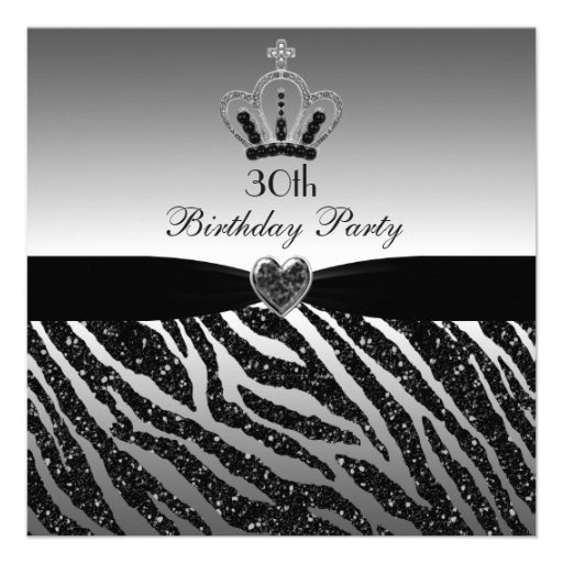 Princess Crown Zebra Glitter 30th Birthday Custom Invitations (front side)