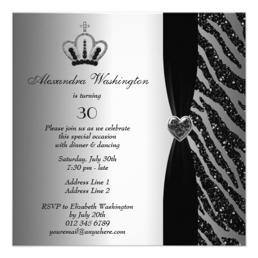 Princess Crown Zebra Glitter 30th Birthday Custom Invitations