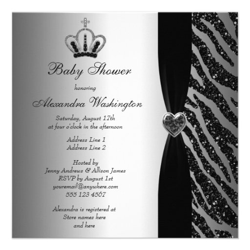 Princess Crown & Zebra Glitter Baby Shower Personalized Invite