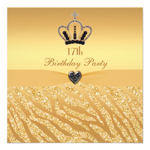 Princess Crown & Zebra Glitter Print 17th Birthday Invite