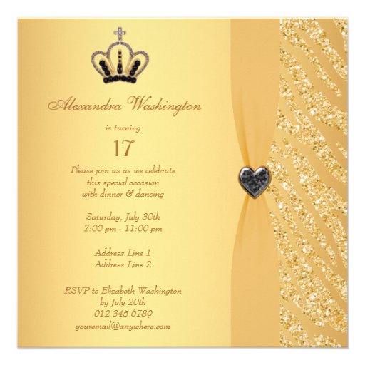 Princess Crown & Zebra Glitter Print 17th Birthday Invite
