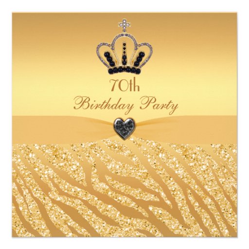 Princess Crown & Zebra Glitter Print 70th Birthday Personalized Invite