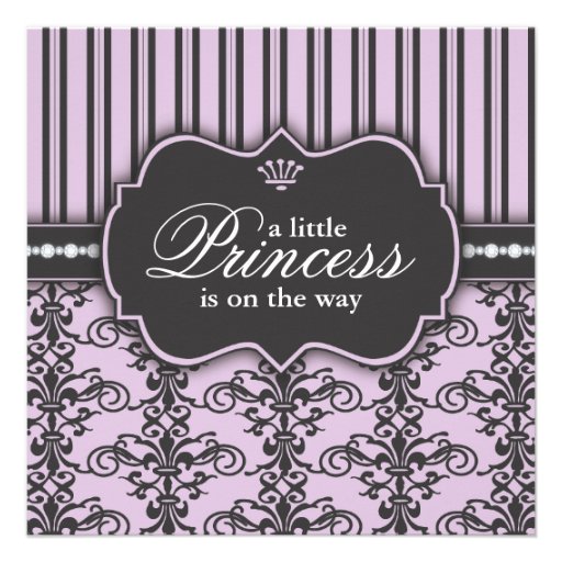 Princess Damask & Stripe Black Purple Baby Shower Custom Announcement