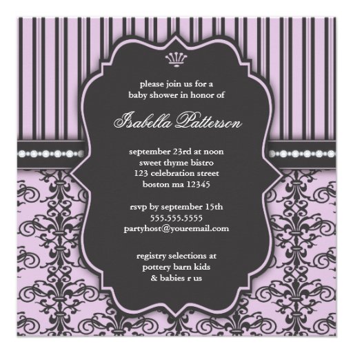 Princess Damask & Stripe Black Purple Baby Shower Custom Announcement