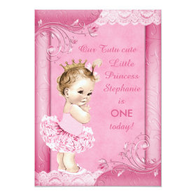 Princess in Tutu Baby 1st Birthday Faux Lace 5x7 Paper Invitation Card