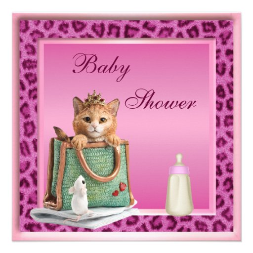 Princess Kitten Pink Faux Leopard Fur Baby Shower Invites
