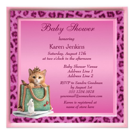 Princess Kitten Pink Faux Leopard Fur Baby Shower Invites