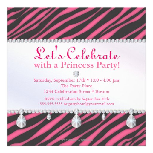 Princess Party Zebra Stripes in Pink Birthday Announcements