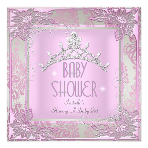 Princess Pink Baby Shower Girl Baby Tiara Damask Custom Announcement
