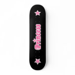Princess pink text design on black skateboard deck