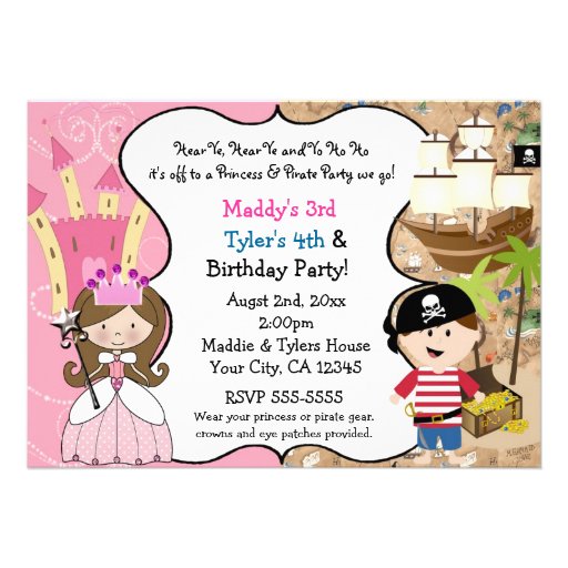 Princess & Pirate Party Invitations Brown Hair
