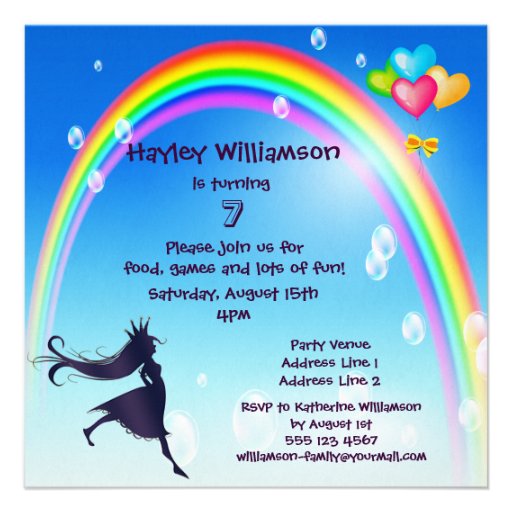Princess, Rainbow, Bubbles & Balloons Birthday Invites