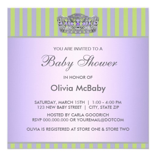 Princess Tiara Green Purple Girl Baby Shower Announcement