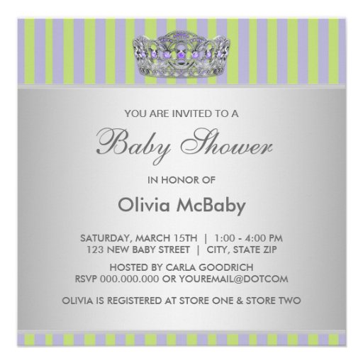 Princess Tiara Green Purple Girl Baby Shower Announcement