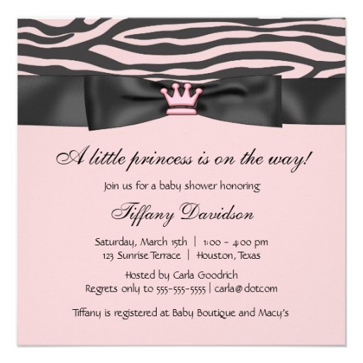 Princess Tiara Pink Zebra Girl Baby Shower Personalized Invitation