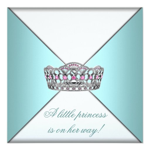 Princess Tiara Teal White Baby Girl Shower Personalized Announcements