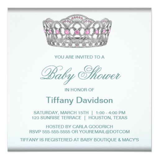 Princess Tiara Teal White Baby Girl Shower Personalized Announcements