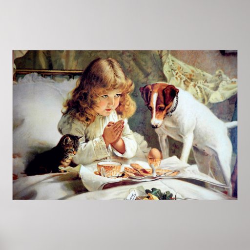 Print: Breakfast in Bed: Girl, Fox Terrier & Kitty