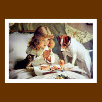 Print: Breakfast in Bed: Girl, Terrier & Cat