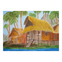Print of a painting of grass huts