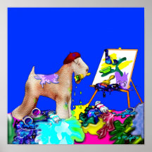 Print: Wheaten Terrier Artist  (Blue Bkgd)