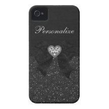 Printed Black Glitter, Diamond Heart & Bow iPhone 4 Cases