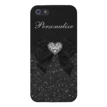 Printed Black Glitter, Diamond Heart & Bow iPhone 5 Case