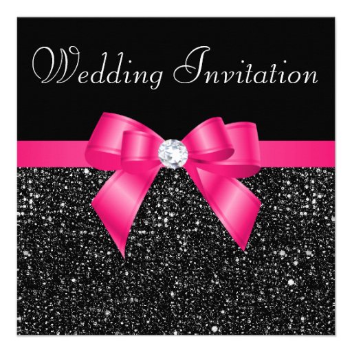 Printed Black Sequins and Hot Pink Bow Wedding Personalized Invites (front side)