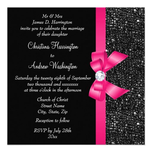 Printed Black Sequins and Hot Pink Bow Wedding Personalized Invites
