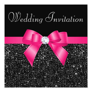 Printed Black Sequins and Hot Pink Bow Wedding 5.25x5.25 Square Paper Invitation Card