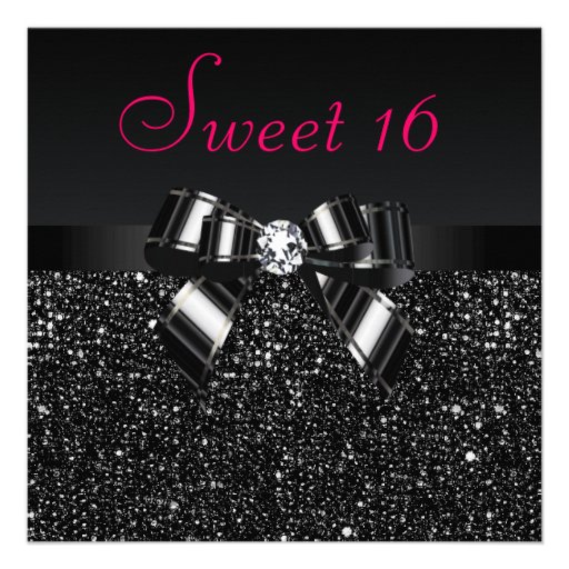 Printed Black Sequins, Bow & Diamond Pink Sweet 16 Personalized Announcements