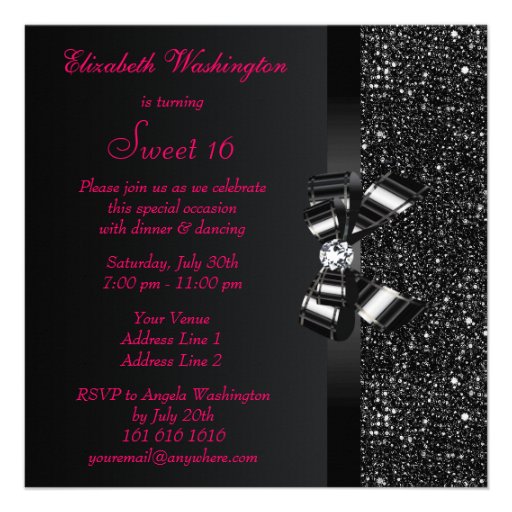 Printed Black Sequins, Bow & Diamond Pink Sweet 16 Personalized Announcements