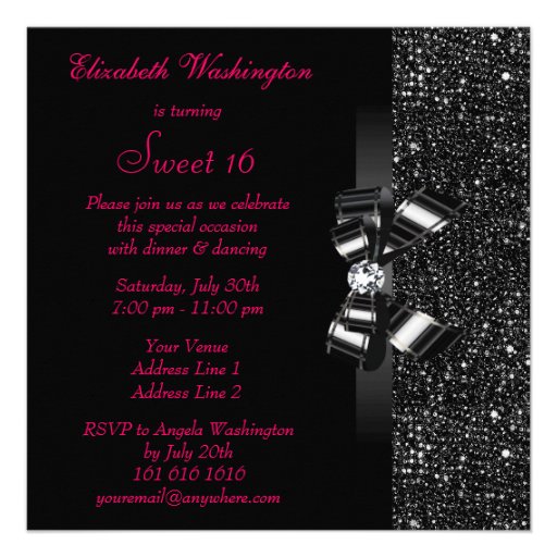 Printed Black Sequins, Bow & Diamond Pink Sweet 16 Announcement