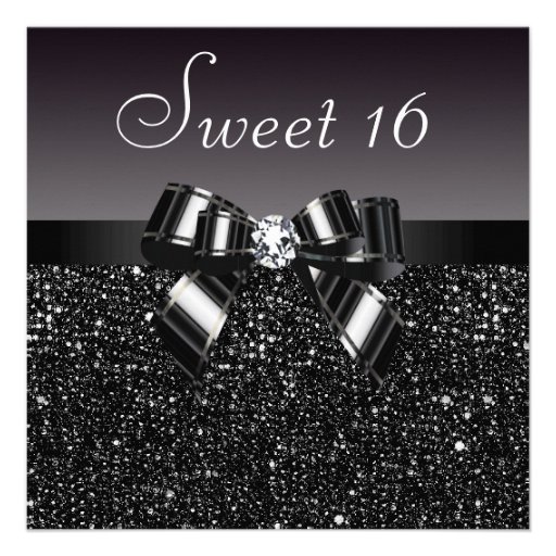 Printed Black Sequins, Bow & Diamond Sweet 16 Invitations (front side)