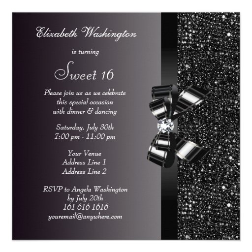 Printed Black Sequins, Bow & Diamond Sweet 16 Invitations