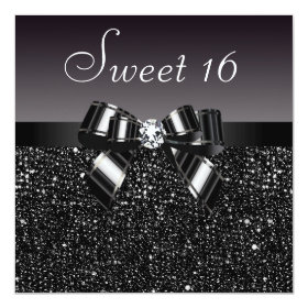 Printed Black Sequins, Bow & Diamond Sweet 16 5.25x5.25 Square Paper Invitation Card