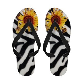PRINTED BLACK WHITE ZEBRA FUR WITH SUNFLOWERS FLIP FLOPS