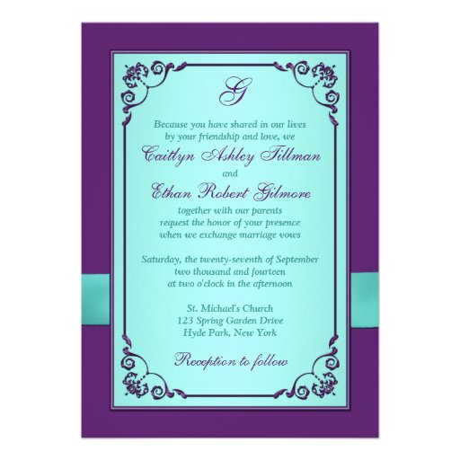 PRINTED BOW Aqua, Purple Floral Wedding Invitation
